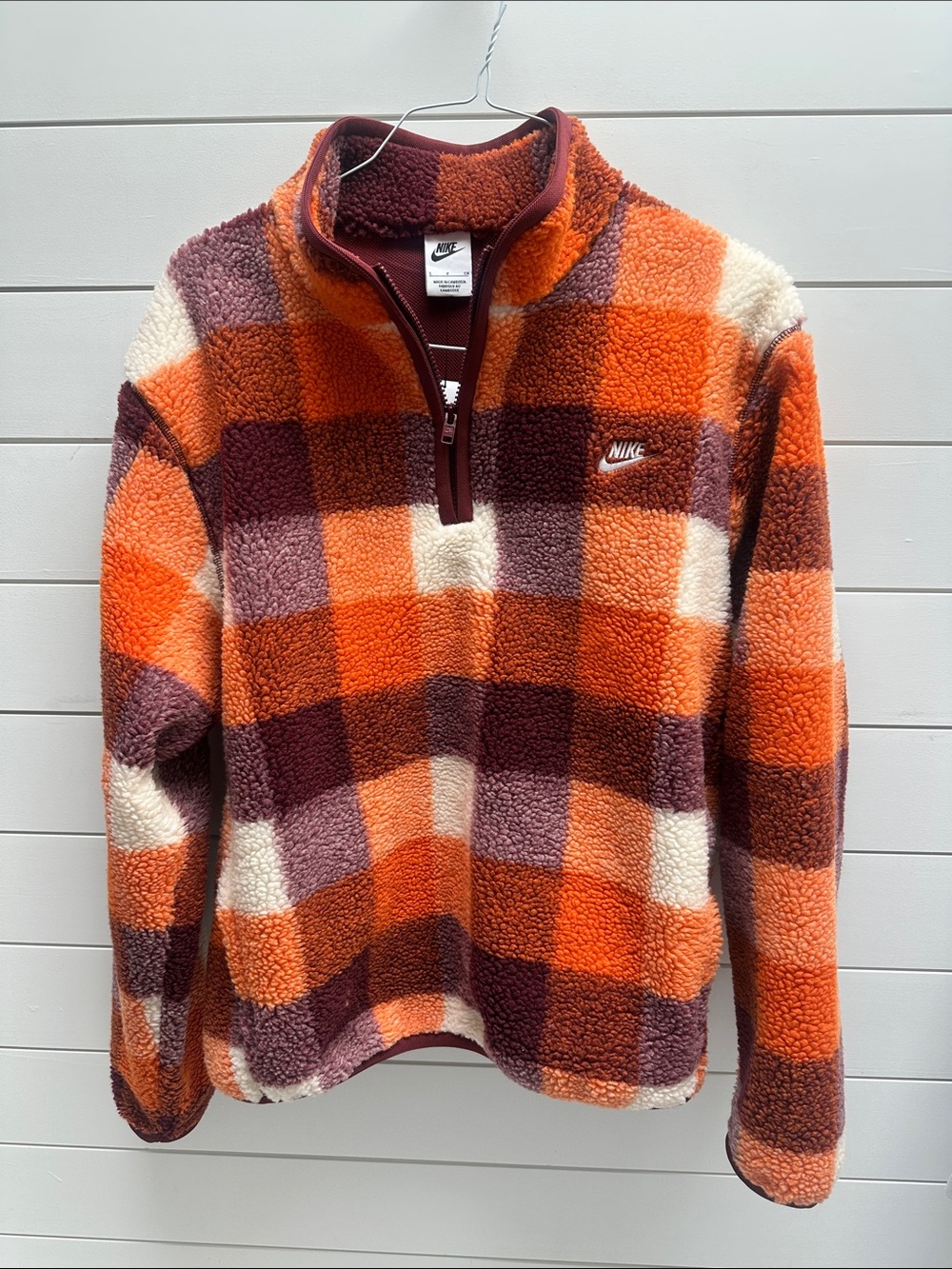 Nike Men’s Orange and Maroon Plaid Sherpa Quarter-Zip Pullover